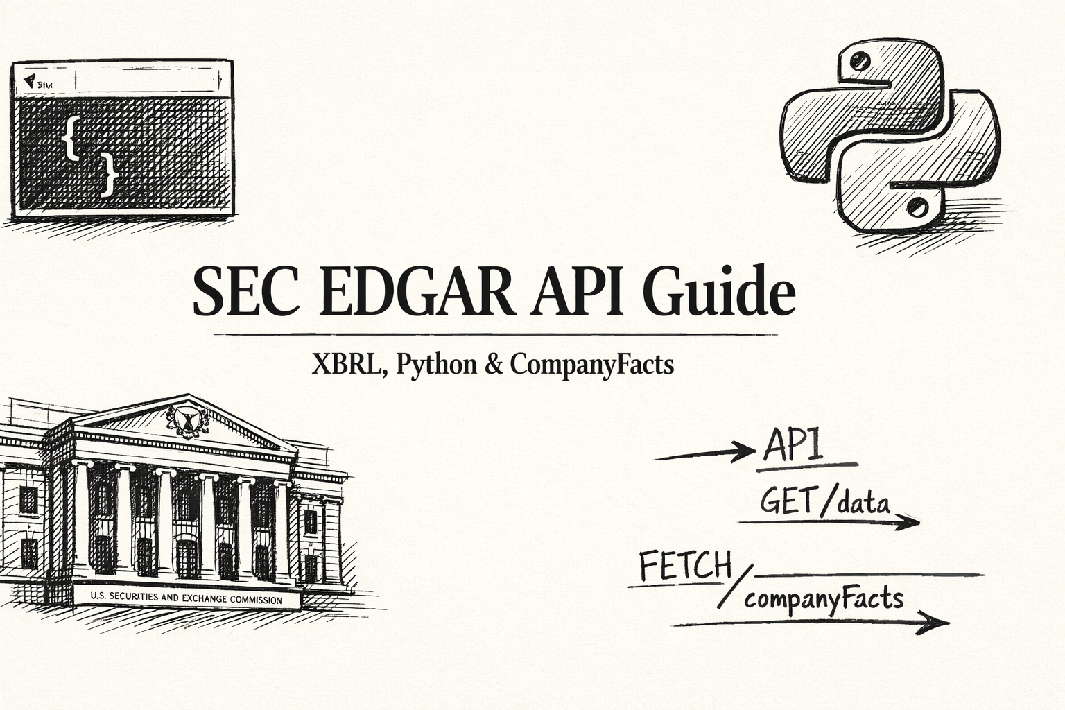 SEC EDGAR API guide illustration showing terminal, Python logo, SEC building, and API endpoints.