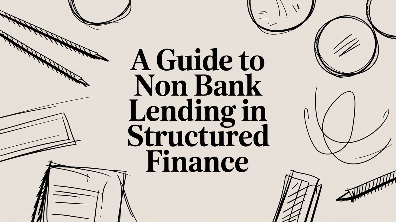 Person with magnifying glass examining alternative lending documents and building illustration representing financial scrutiny.